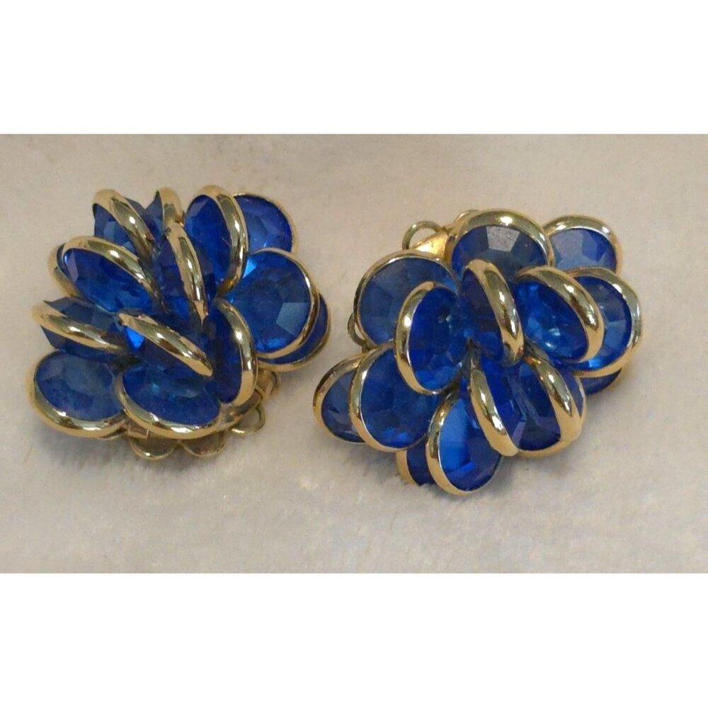 Vintage Blue Glass/Crystal Flower Pierced Earrings Gold-Tone